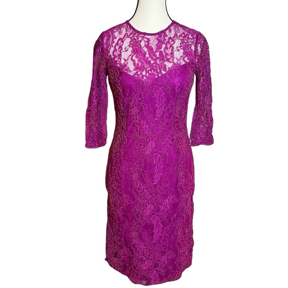 Carmen Marc Valvo Botanical Berry Pink Sheath Dress 10 Lace 3/4 Sleeve Cocktail - Picture 1 of 9